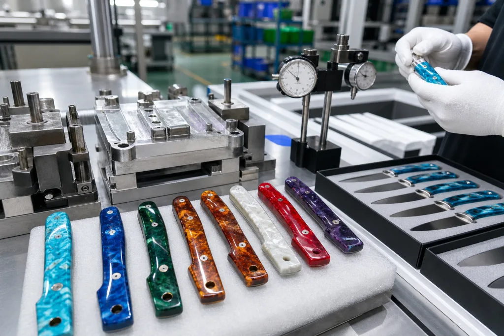 Resin acrylic knife handles: QC failures in color lines