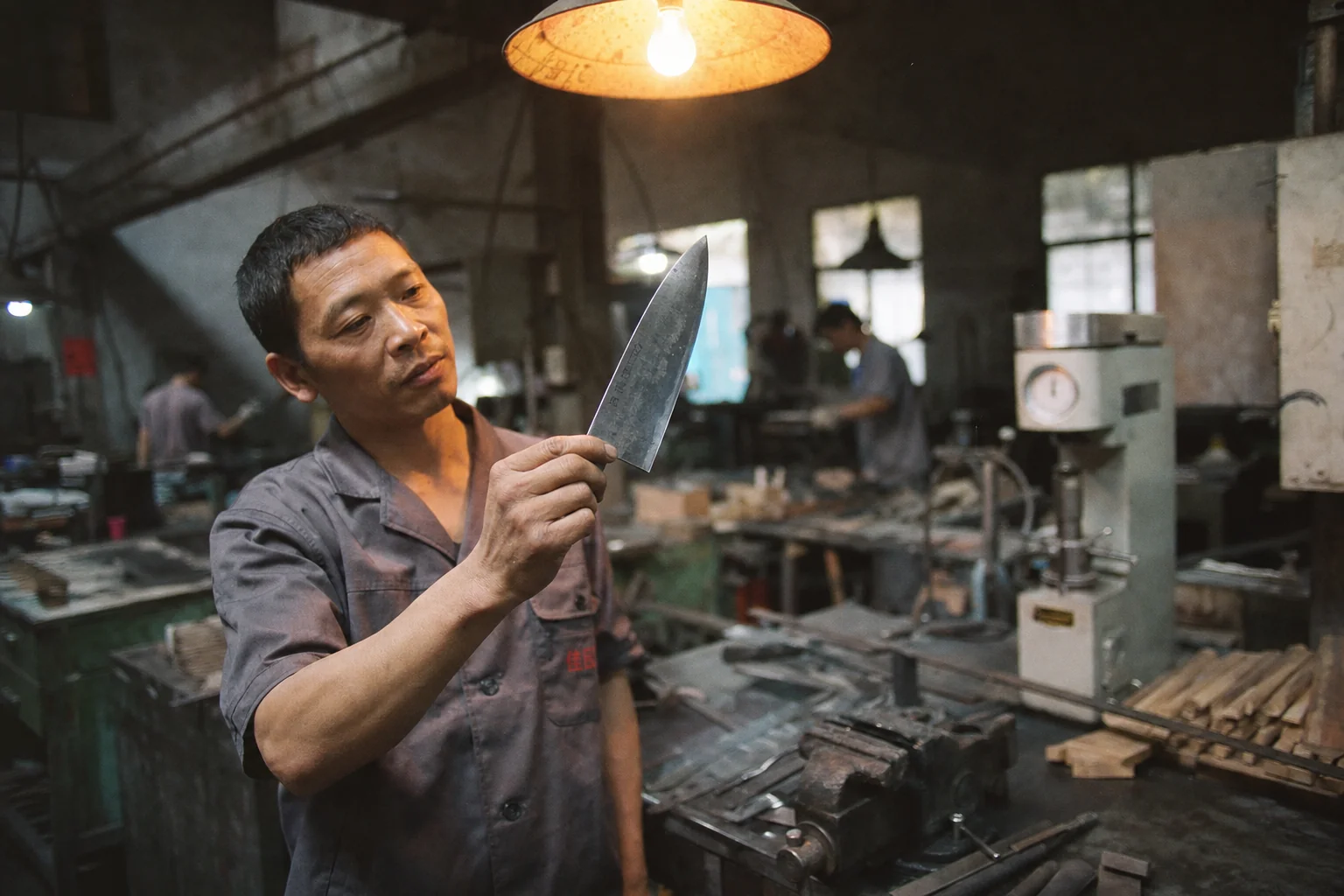 TANGFORGE custom knife manufacturer Zhejiang China — premium hand-finished blades on workshop bench